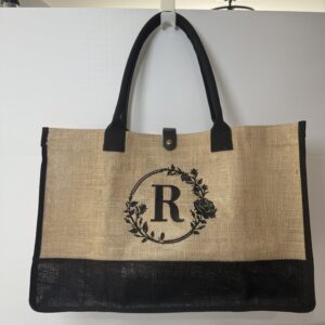Personalized Monogram Jute Tote Bag – Letter R | Eco-Friendly Burlap Market Bag