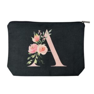 Floral Monogram Cosmetic Bag – Black Canvas Makeup Pouch with Letter A Design