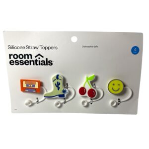 Room Essentials Silicone Straw Toppers | Retro 4-Pack (Cassette, Boot, Cherries, Smiley Face)