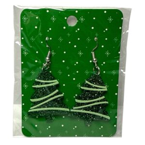 Green Glitter Christmas Tree Dangle Earrings | Holiday Jewelry Gift
