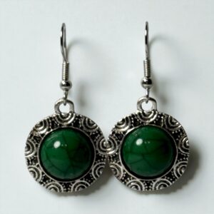 Vintage-Style Silver Drop Earrings with Green Stone Center