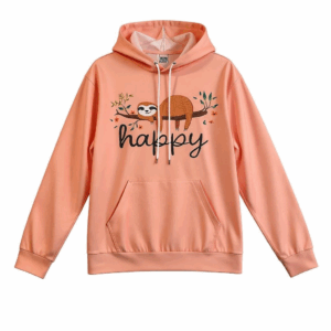 Peach “Happy Sloth” Graphic Hoodie – Size XXL – Soft Stretch Polyester Blend