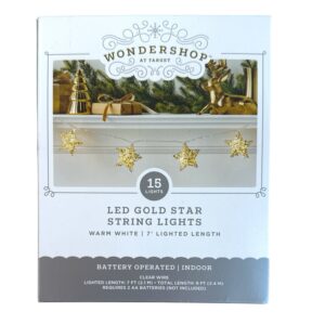 LED Gold Star String Lights – 15 Warm White Lights, Battery Operated, Indoor Decor