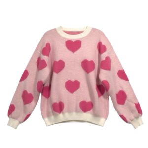 Pink Heart Pattern Fuzzy Knit Sweater | Soft Cozy Pullover | Size Medium