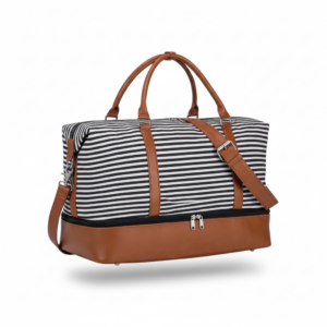 Canvas Weekender Travel Duffel Bag Black White Stripe Shoe Compartment Carry On