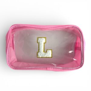 Clear Initial L Makeup Bag Pink Travel Cosmetic Toiletry Pouch Waterproof Zipper Case