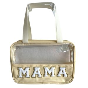 Preppy Clear MAMA Makeup Bag with Chenille Letter Patch – Large Travel Cosmetic Tote