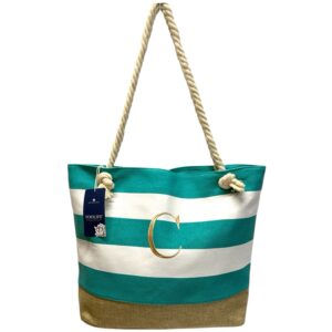Monogram Beach Tote Bag Large Canvas Striped Travel Weekender Rope Handle Initial C