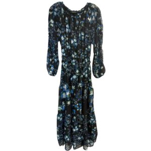 Desigual Floral Midi Dress Black Blue Long Sleeve Boho Cottagecore Size Small