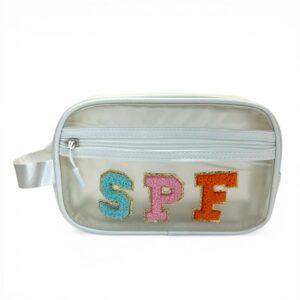 Clear SPF Makeup Bag Pouch – Preppy Chenille Letter Travel Cosmetic Organizer Small Beach Toiletry Bag