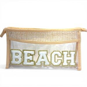 Clear Beach Makeup Bag with Chenille “BEACH” Patch | Boho Straw Cosmetic Pouch