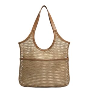 Missnine Mesh Beach Tote Bag Foldable Faux Leather Trim Tan Net Shoulder Bag