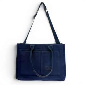 Navy Canvas Tote Bag with Compartments & Crossbody Strap | Large Work Laptop Purse